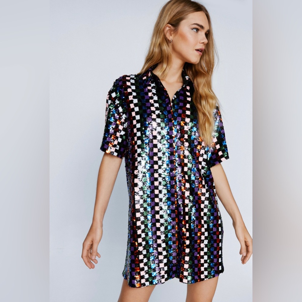 Nastygal Sequin Checkerboard Mini Shirt Dress size 6